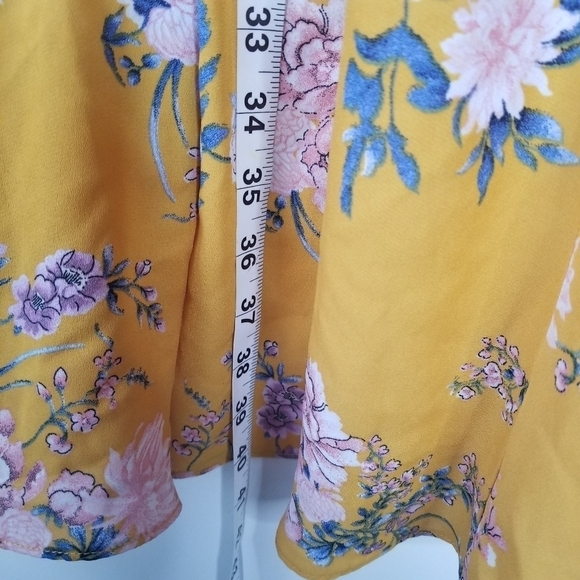 IRIS Yellow Floral Cold Shoulder Hi-Low Wrap Flowy Dress Flutter Sleeves M - Picture 8 of 16